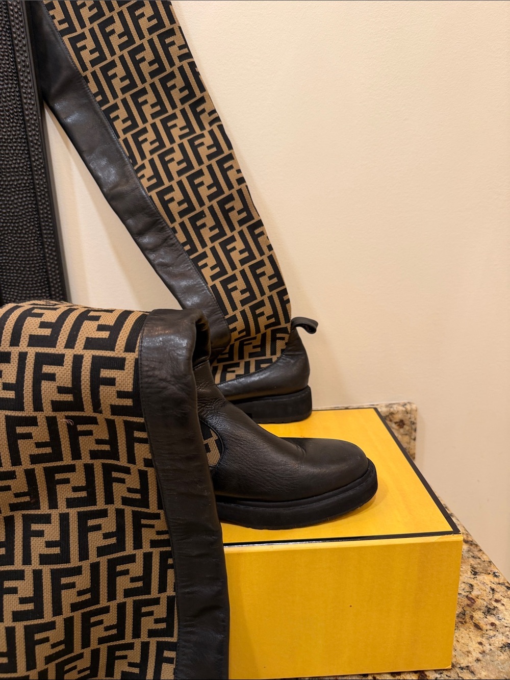 Fendi Beige and Black Zucca Monogram boots with Black Leather Trim